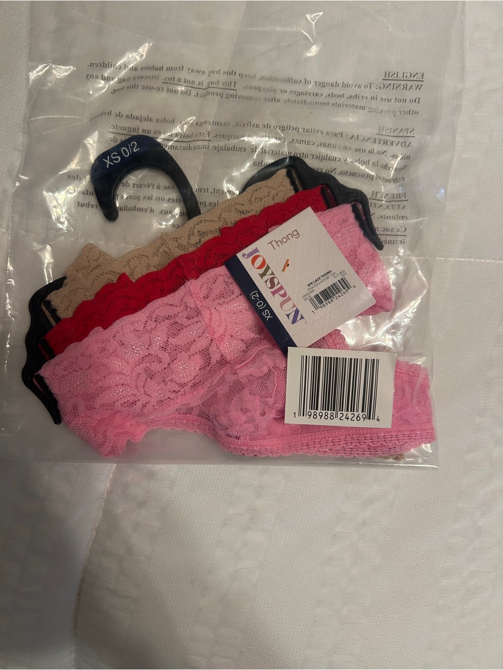 No Boundaries women’s Lace Thong Panty 3-Pack - Pink, Red, Tan
